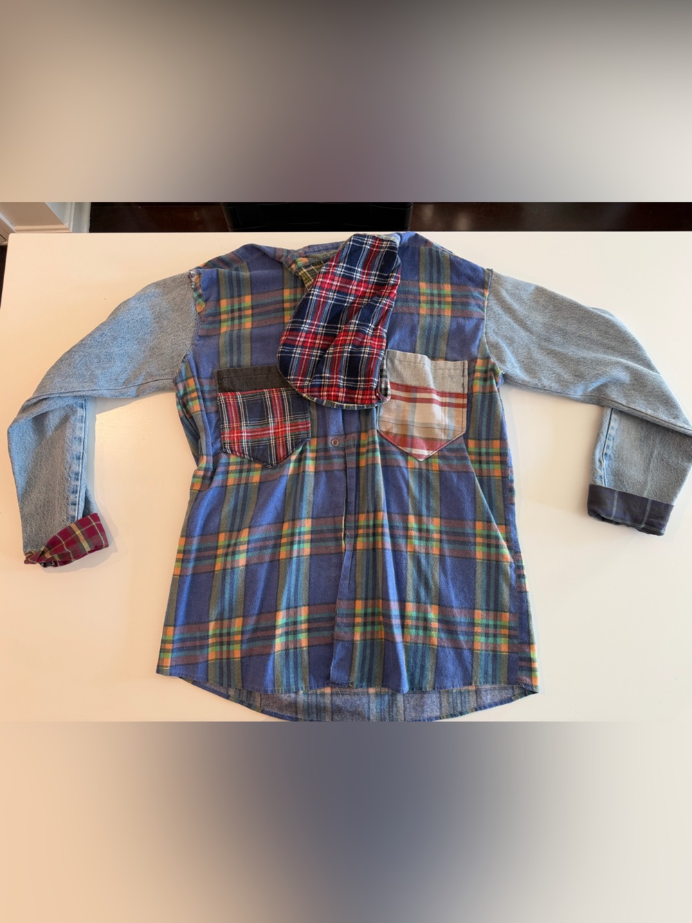 Men's Vintage custom patchwork denim + flannel Jacket/Coat